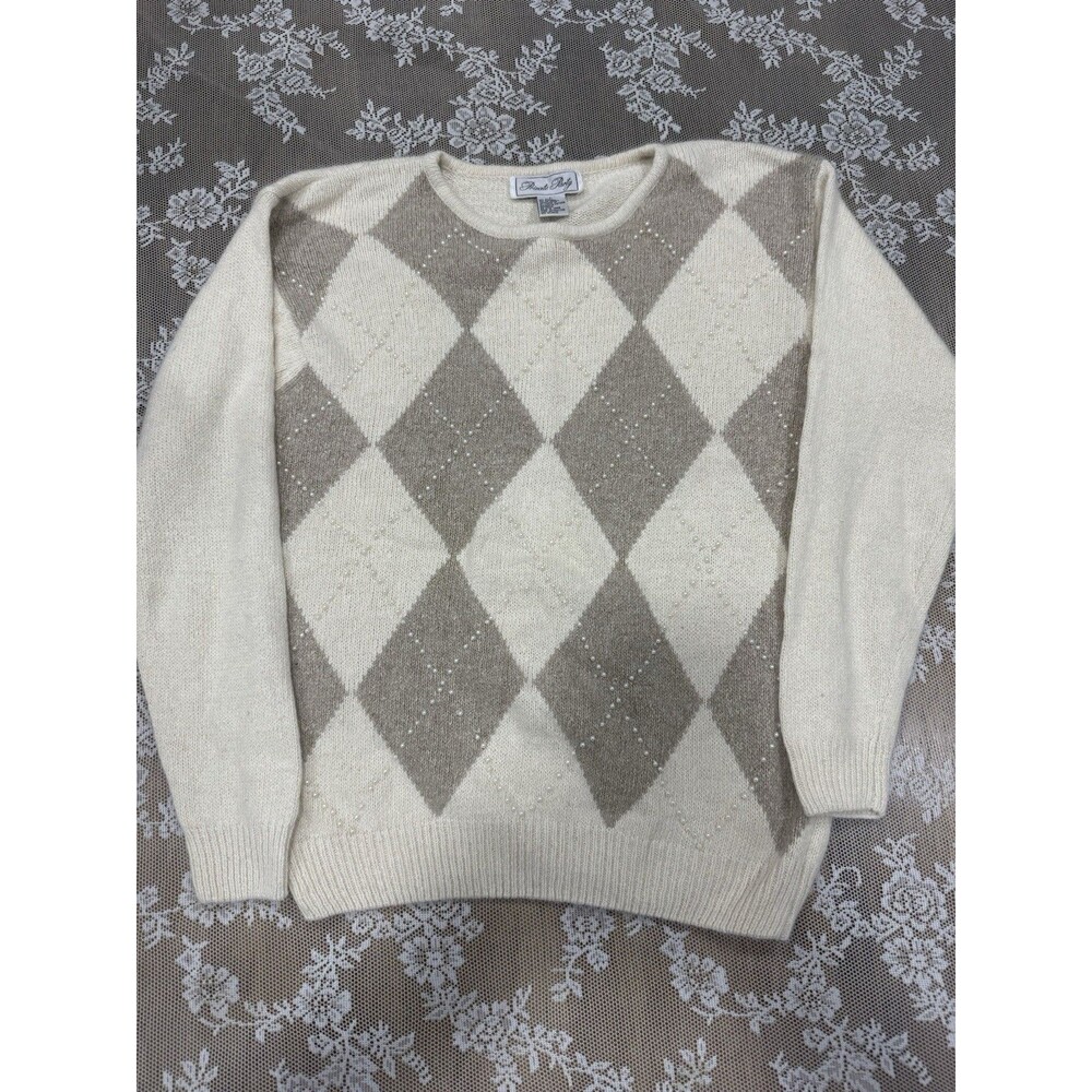 Private Party Women's Ivory Beige Argyle Knit Crew Neck Beaded Pullover L